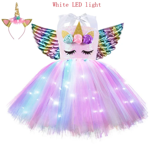 Kids World Book Day Unicorn Costume Girls Birthday Party LED Lights Sequin Rainbow Tutu Dress Shiny Princess Cosplay Costume LED style-D1