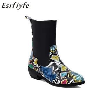 

ESRFIYFE New Fashion Snakeskin Grain Autumn Winter Calf Boots Women Thick Heel Outdoor Chelsea Boots Warm Non Slip Snow Botas