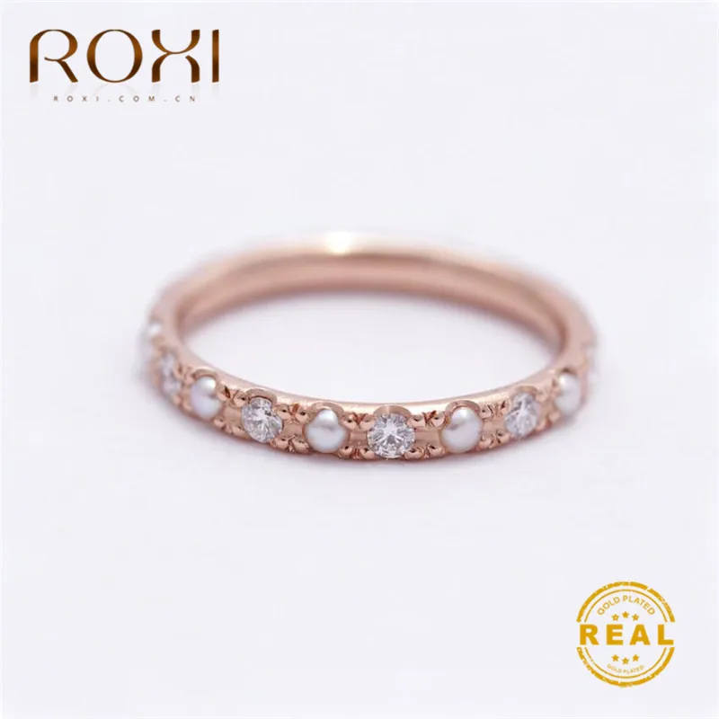 Rose gold ROXI Dainty простой жемчужный кольца с AAA фианитом микро-Кристалл Кольца для женщин тонкие кольца, свадебные украшения - Цвет основного камня: Rose gold
