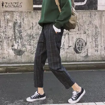 

ZANZEA Spring Women's Elastic Waist Trouser Elegant Check Harem Pants Casual Long Pantalon Palazzo Female Plaid Turnip Plus Size