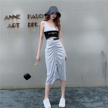 

2 Piece Set Women Contrast Stitching Camisole + Pleated Drawstring Slit High Waist Skirt Matching Sets for Women Fashion Chic