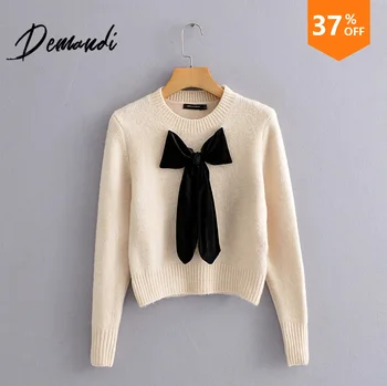

Demandi sweater women's autumn and winter new round neck fashion street daily elegant bow tie velvet knitted women's Pullover
