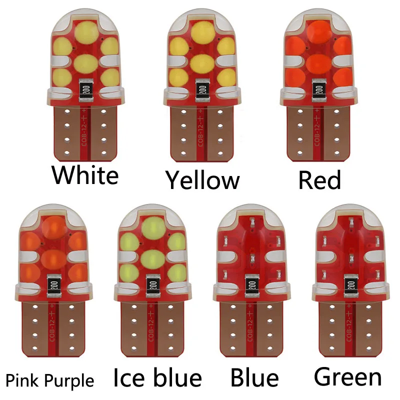 

100Pcs T10 led w5w cob silicone bulbs 194 168 W5W LED Light Bulb White Blue Red License Plate Lamp Width Lights 12smd 12v 3W