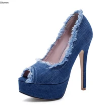 Olomm/Новое поступление; женские джинсовые туфли-лодочки на платформе туфли-лодочки на каблуке-шпильке элегантные вечерние туфли с открытым носком; цвет синий, черный женская обувь; американские размеры 4-10,5