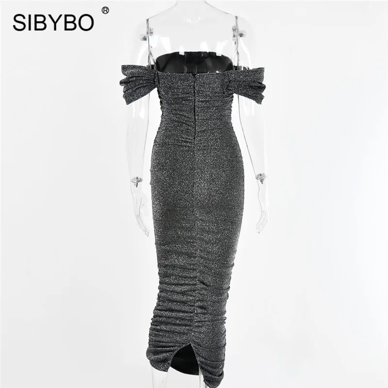 SIBYBO блестящее сексуальное облегающее платье с открытыми плечами без бретелек без рукавов Летнее женское платье с открытой спиной Клубные вечерние длинные платья