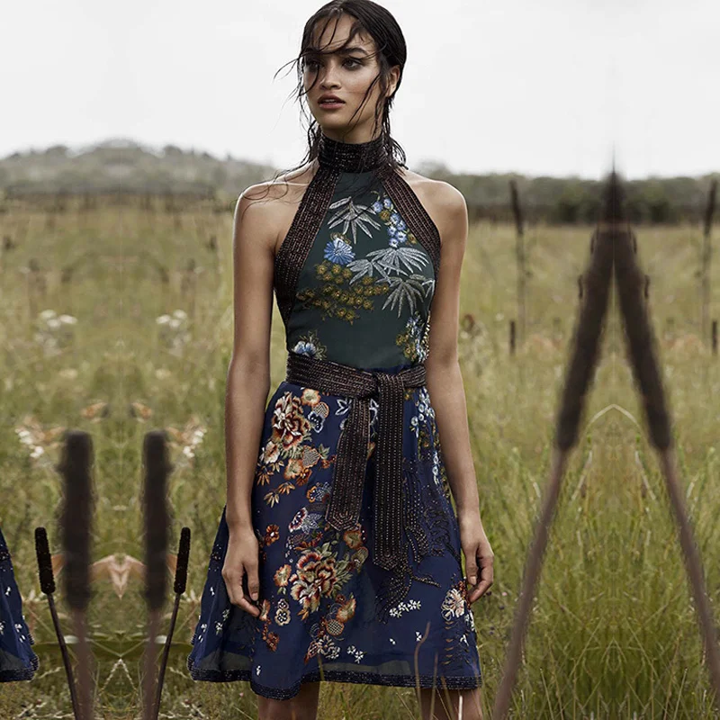 

CAMIA High Quality Summer Vintage Beading Floral Embroidery Off Shoulder Halter A-line Mini Dress Runway Designer Women Dress