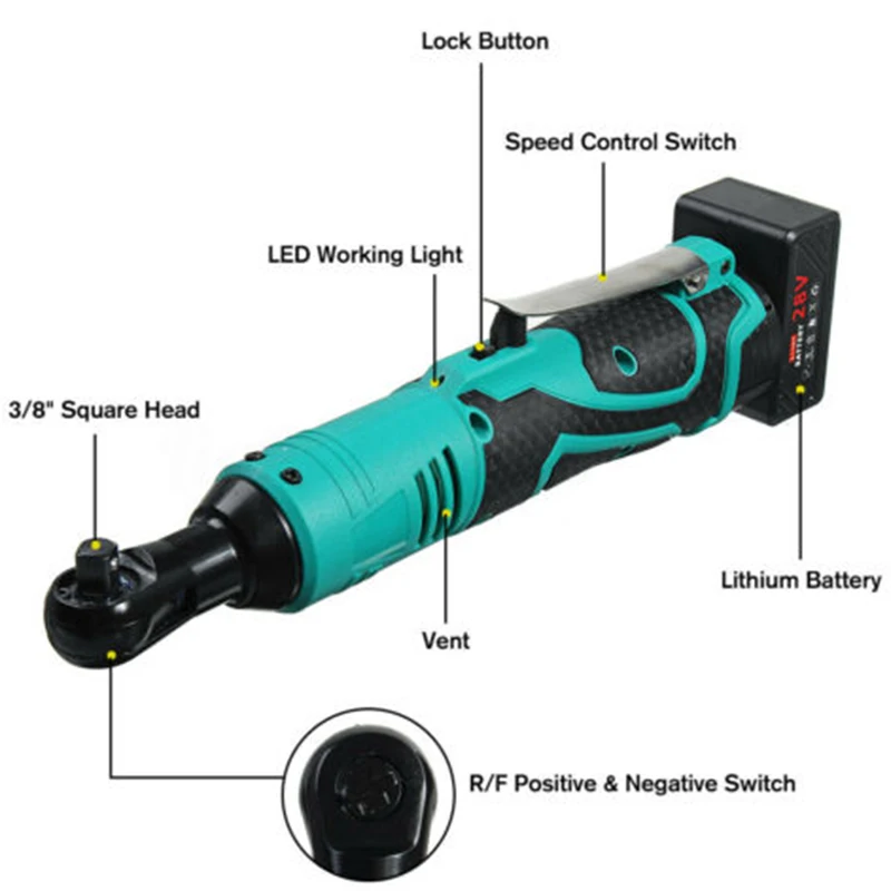 

28V Electric Wrench Kit 3/8 Cordless Ratchet Wrench Rechargeable Scaffolding 85NM Torque Ratchet Right Angle Wrench Tool 260RPM