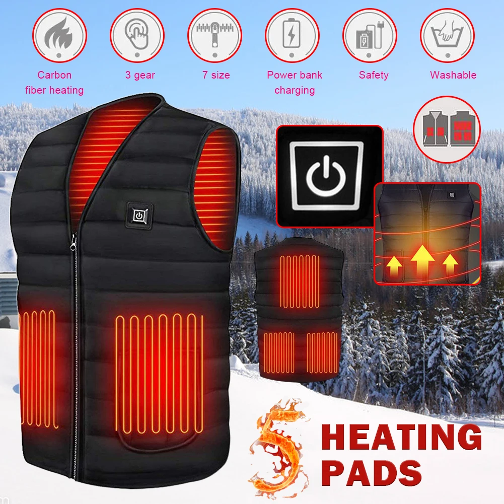 

5 Area Heated Vest Cotton Heating Jacket In Winter USB Intelligent Heating Vest Super Warm Clothes Women Vest Black Men's Jacket