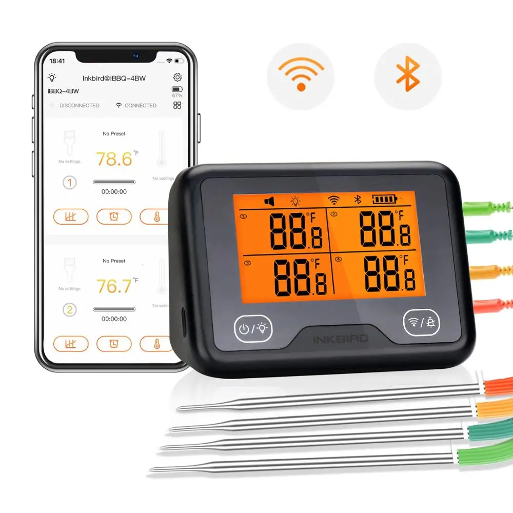 Inkbird IBBQ-4BW Wi-Fi&Bluetooth Digital Grill Thermometer Rechargeable Wireless BBQ Thermometer with 4 Probes Temp Graph Alarm\