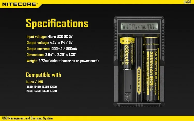 Nitecore UM20 2 слота Смарт USB зарядное устройство ЖК-дисплей литий-ионный IMR батарея Универсальное зарядное устройство с кабелем 18350 18650 мощность