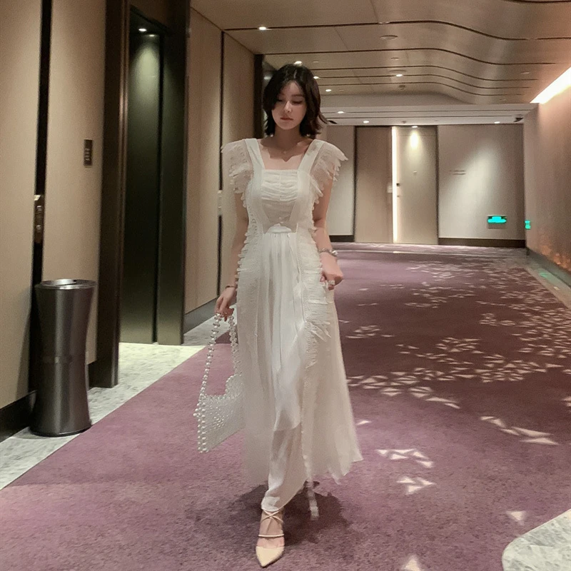 

2020 New Summer Women Mesh Dress Ladies Solid Color Lace Long Dresses Female Slim Fit Splice High Quality Fashion Dresses LT143