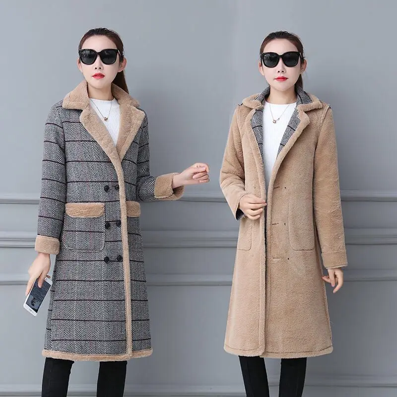 colour 2 Зимняя женская куртка, замшевое меховое зимнее пальто, модная Толстая длинная куртка из искусственной овчины, пальто для женщин, одноцветные теплые тренчи - Цвет: colour 2