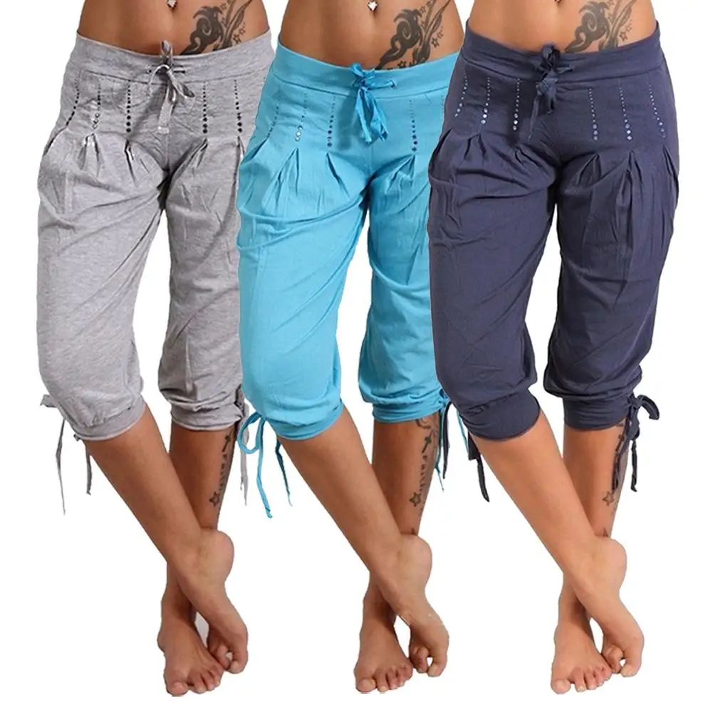Women Plus Size Casual Low Rise Bandage Drawstring Rhinestone Pleated Sports Capri Pants Shorts Women Plus Size Casual Low Rise Bandage Drawstring Rhinestone Pleated Sports Capri Pants Shorts