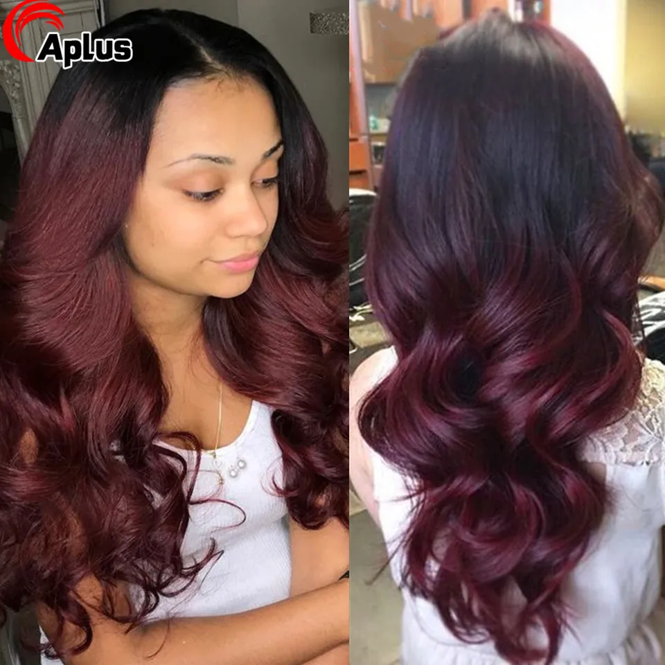 1b 99j rojo borgoña peluca con malla frontal 13x4 Ombre cuerpo de Color onda de encaje frente pelucas de cabello humano Color vino cabello humano peluca con malla frontal