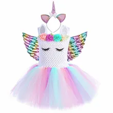 Пастельный цвет, цветное платье-пачка с единорогом для девочек платье с цветами для первого дня рождения, фатиновое платье с повязкой на голову детский праздничный костюм