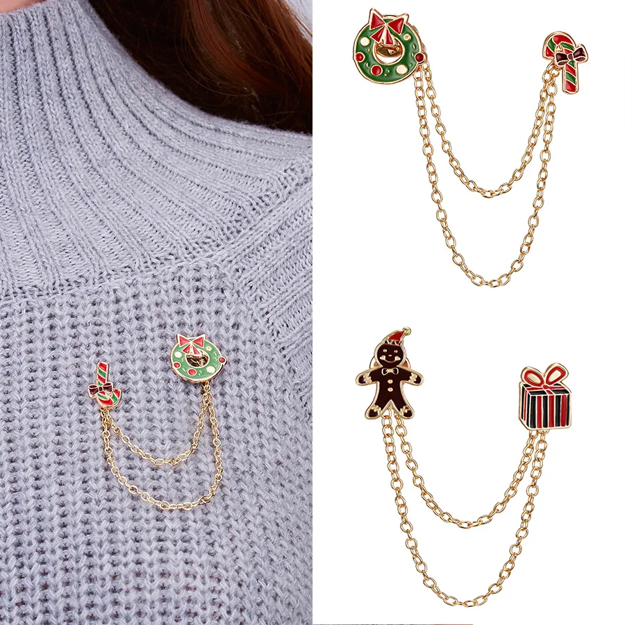

Hot Sale Brooches Fashion Christmas Wreath Crutches Brooch Tassel Chain Clip Collar Shirt Lapel Pin Women Girls Xmas Accessories