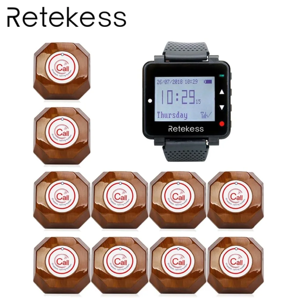 

RETEKESS Waiter Wireless Calling System Table Call Bell Pager For Restaurant 1 Watch Receiver + 10 Call Button Buzzer Beeper