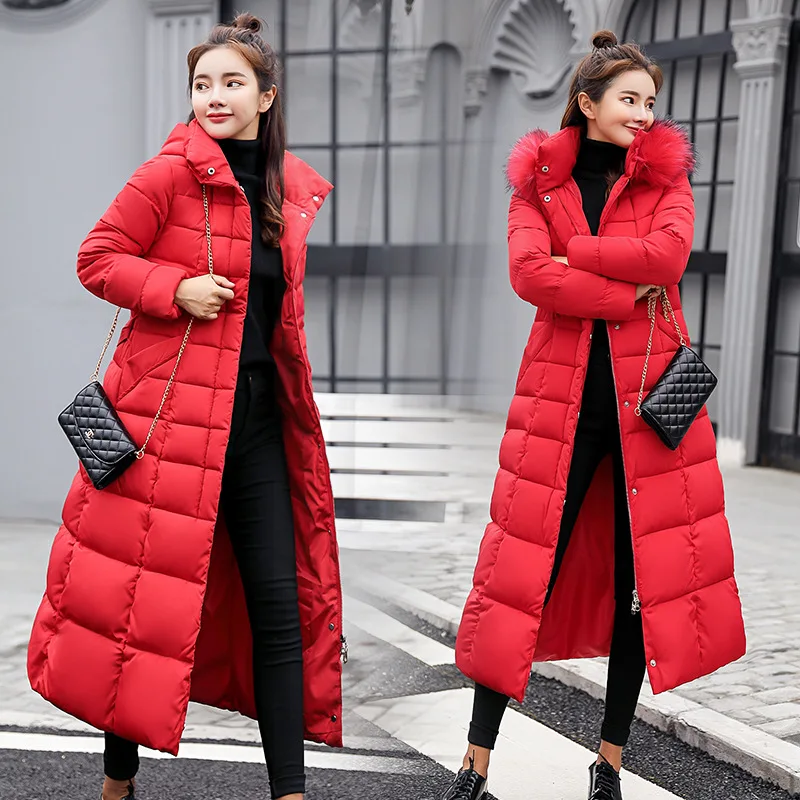 Женская зимняя куртка, новинка, европейский и американский стиль, пальто с капюшоном, меховой воротник, дикая тонкая приталенная Длинная женская куртка