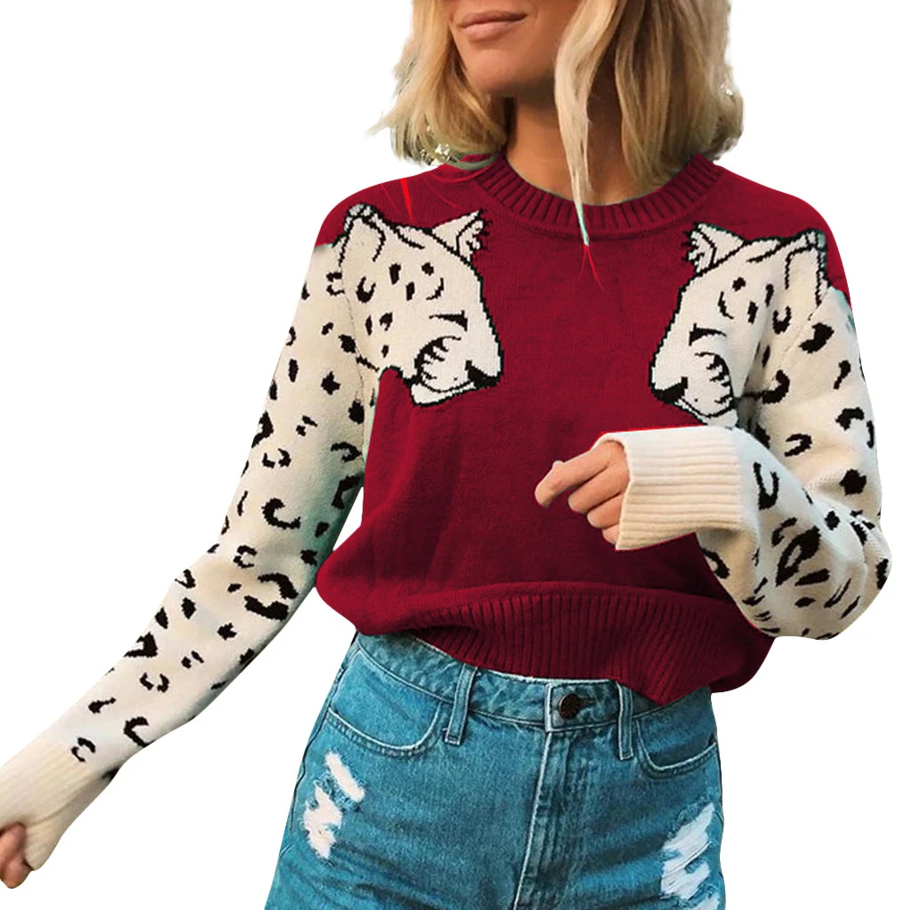 CHAMSGEND Women Patchwork Leopard Knitting Pullover Casual O-Neck Autumn Winter Thick Cashmere Tops Loose Sweater 1001