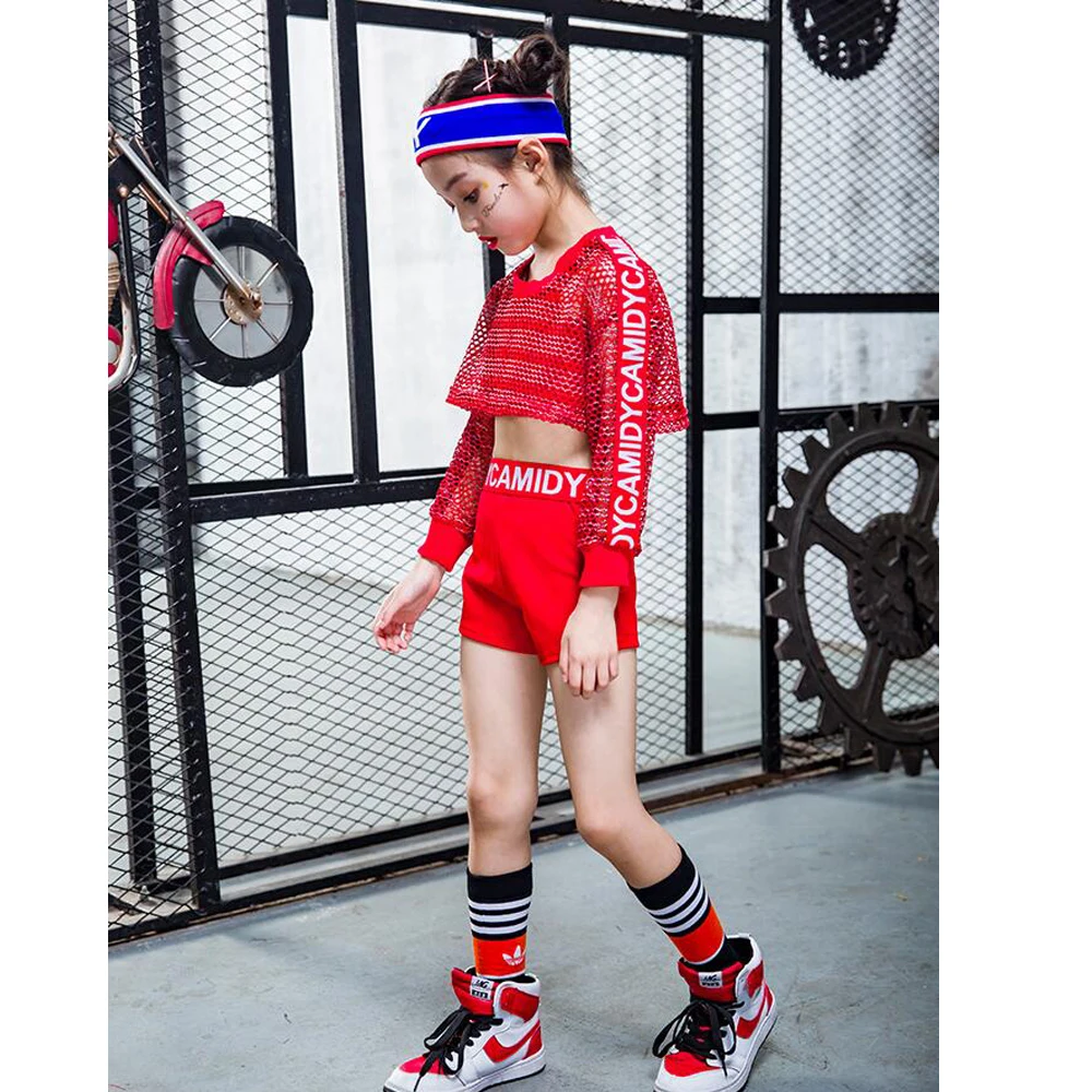 3PCS-Girls-Red-Cool-Ballroom-Jazz-Hip-Hop-Dance-Competition-Costume-Tank-Tops-Shorts-Net-Blouse (1)