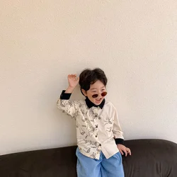 Meninos primavera desenhos animados impressão retalhos camisas crianças algodão manga longa topos crianças t
