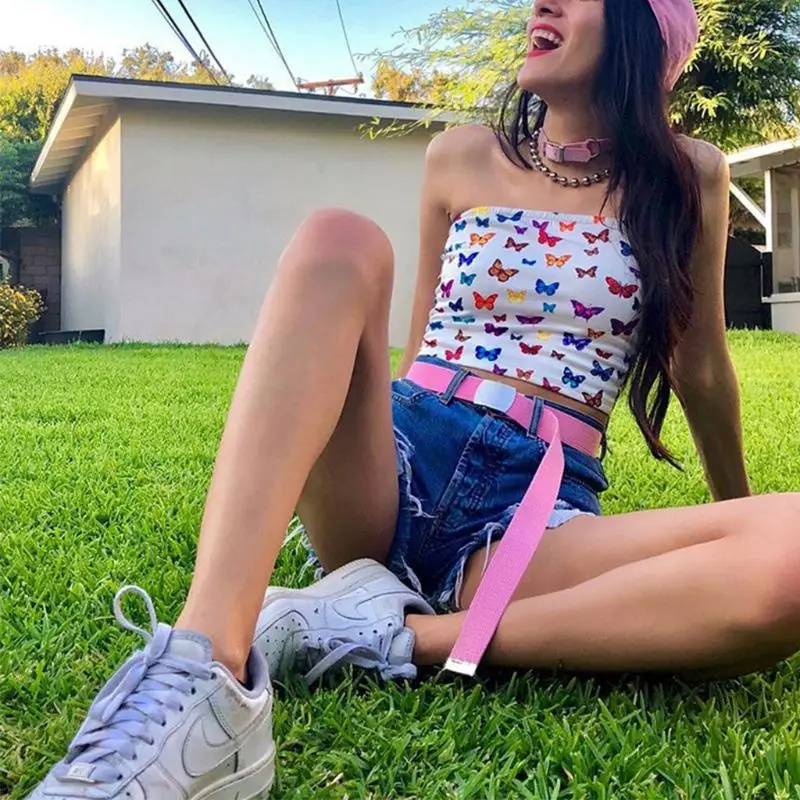 

Womens Sexy Off Shoulder Strapless Tube Crop Top Multicolor Butterfly Print Slash Neck Bandeau Slim Beach Party Mini Streetwear