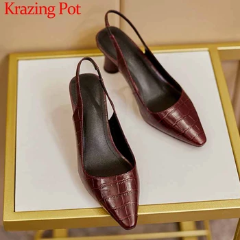 

Krazing Pot big size print genuine leather fashion brand high heels small square toe slip on mature women slingback pumps L12