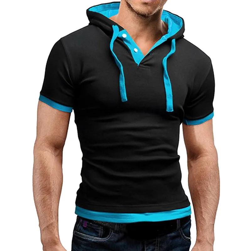 Небесно-голубой Модная мужская рубашка поло размера плюс 5XL, одежда, Camisas, модная Лоскутная тонкая рубашка с капюшоном, Мужская Повседневная рубашка поло с коротким рукавом - Цвет: Небесно-голубой