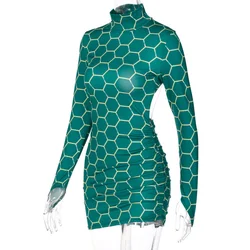 Minivestido de otoño con cuello de tortuga para mujer, con anillo de Metal, estampado Digital de colmena de abeja, dobladillo Irregular, ajustado, 2021