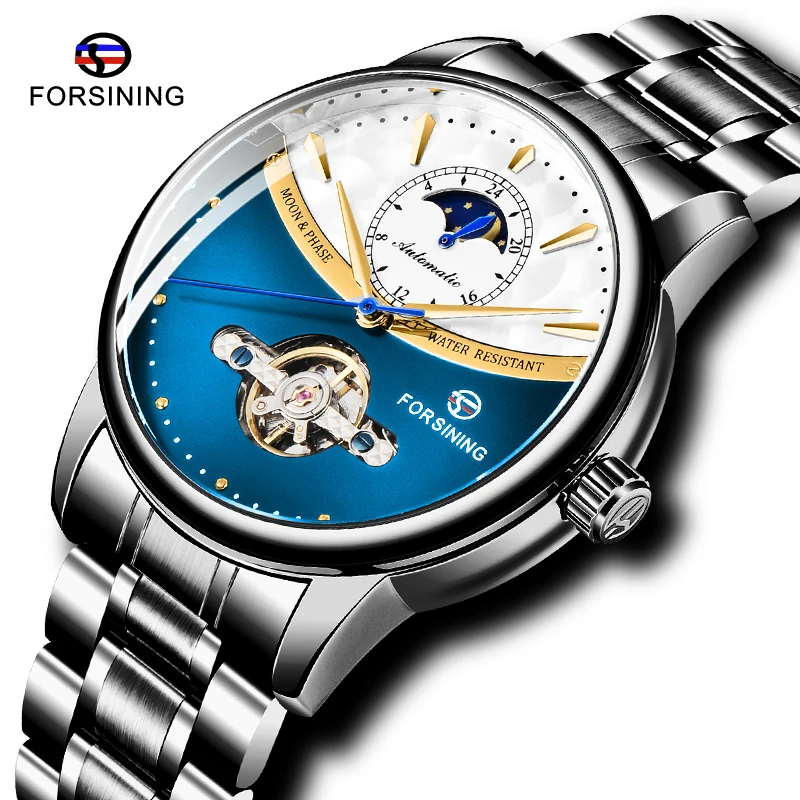 

New FORSINING Blue Tourbillon Mechanical Watch Male Automatic Moon Phase Genuine Stainless Steel Clock For Men Relogio Masculino
