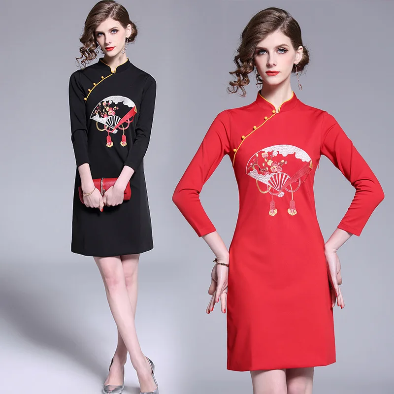 

2019 Spring New Style Stand Collar Fan Industrial Embroidery Improved Cheongsam Style China feng zhang Dress-