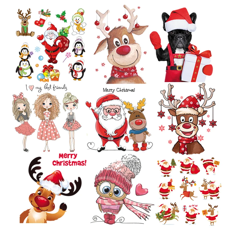 

Christmas Patches Set DIY Heat Transfer Stickers Thermal Patches Iron On Transfers Washable Ironing Cute Deer Owls Gnomes