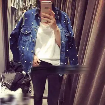 

Spring 2020 Vintage Women Pearls Beading Ripped Denim Jacket Single Breasted Long Sleeve Jean Jackets And Coats Female Outwear