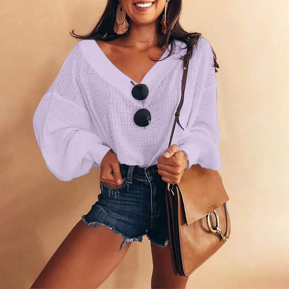 Amolapha Woman Lantern Sleeve Knit Blouse V-Neck Long Sleeve Solid Jumpers Sweaters for Women 1.7 Amolapha Woman Lantern Sleeve Knit Blouse V-Neck Long Sleeve Solid Jumpers Sweaters for Women 1.7