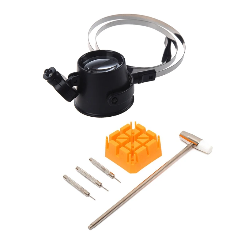 

6 Pcs Repair Tool: 1 Pcs Illuminated 15X Magnifier / LED Eye Loupe & 5 Pcs 5 in 1 Watch Band Strap Holder+Hammer+0.7Mm 3 X Punch