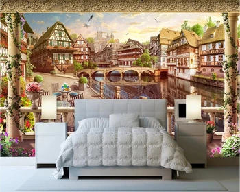 

beibehang Custom 3D Mural European Town Idyllic City Scenery Nature Photo Vase Painting Cafe Restaurant Background Wallpaper 3D
