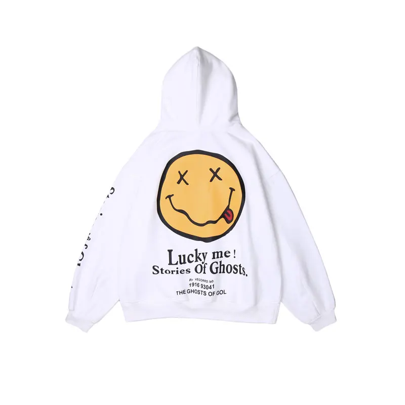 GONTHWID Lucky Me Smile Face Print Fleece Hooded Sweatshirts Hoodies Harajuku Fashion Casual Pullover Tops Streetwear Hip Hop - Цвет: White