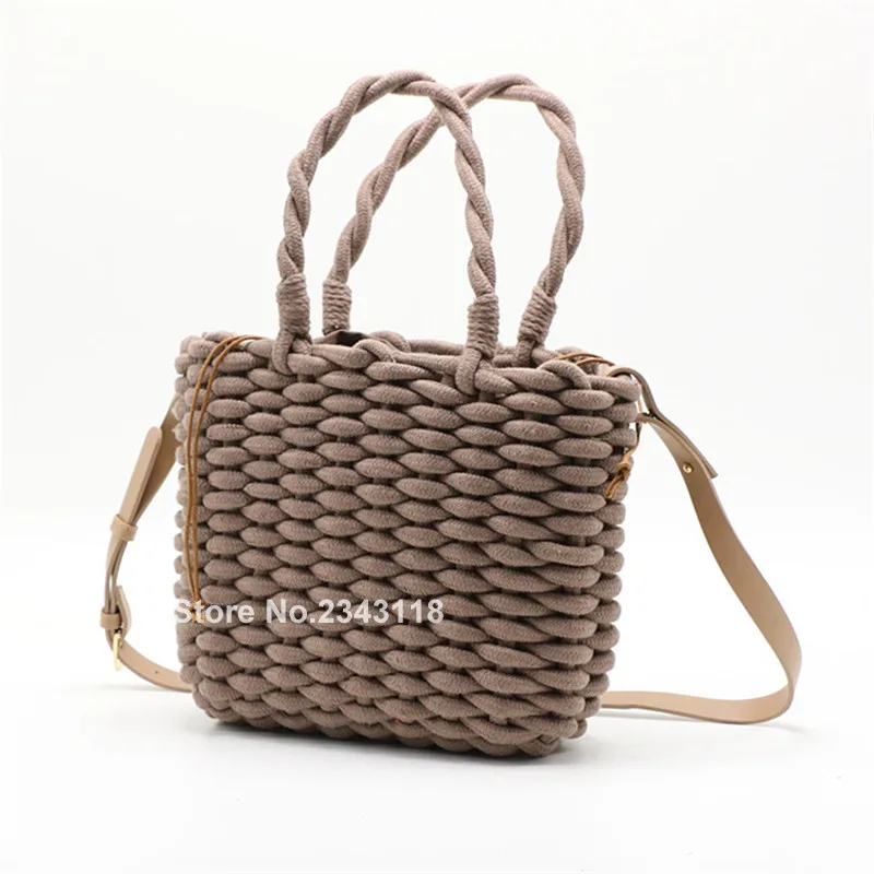 

2019 thick Cotton Rope Straw Bag Women Fashion Woven Handbag Solid Color Female Square Shoulder Bag Beach Bags Bolsas Femininas