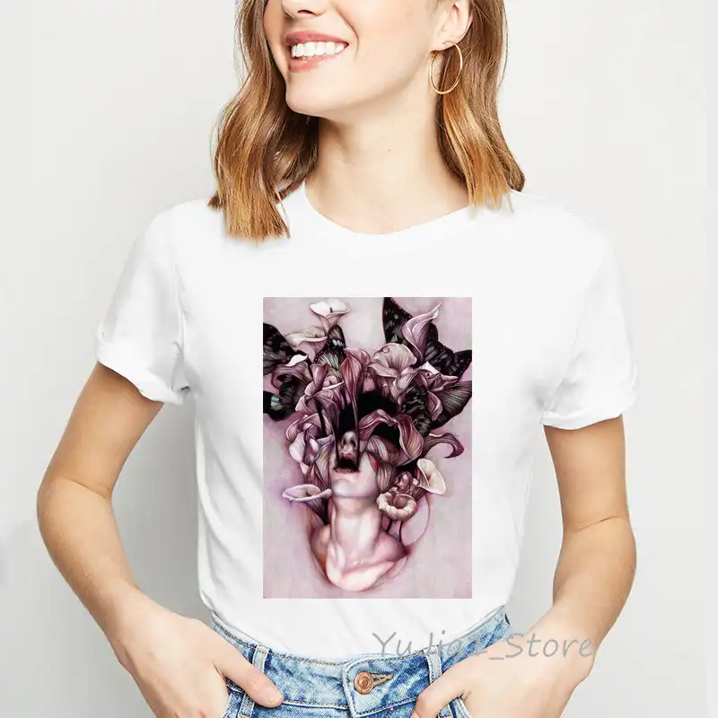 Belle Couleur Crayon Art T Shirt Fleurs Dame Imprimer Vintage Blanc T Shirt Streetwear Femmes Grunge Esthétique Femme Vêtements