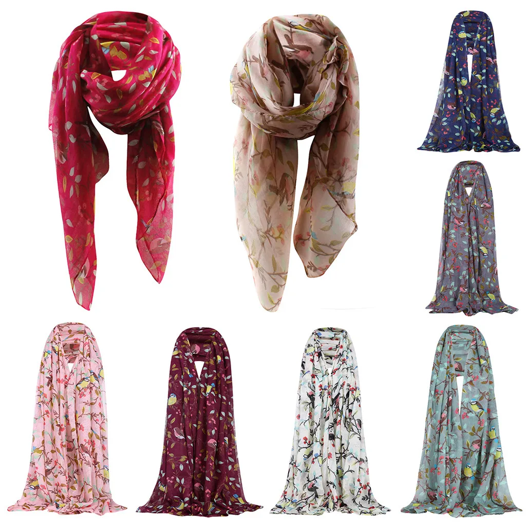 Осень зима новые зимние женские теплые модные деревья Птицы узор шарф обертывание длинный шарф, шаль Тонкие шарфы шарф# O24