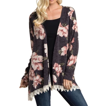 

Women's Plus Size Floral Print Long Sleeve Irregular Hem Splice Lace Cardigan Coat Femme Casual Coat