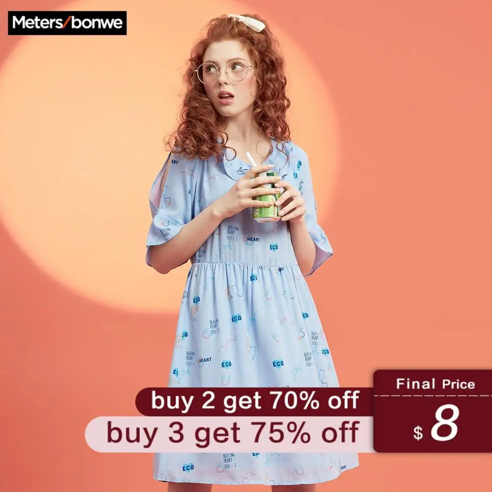 

Metersbonwe brand 2019 new blue chiffon off-the-shoulder girl Lotus leaf edge dress summer butterfly sleeve