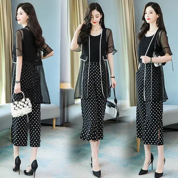 

Fashion temperament office lady Chiffon Wide leg pants Large size suit summer Korean version Sunscreen Three piece suit women