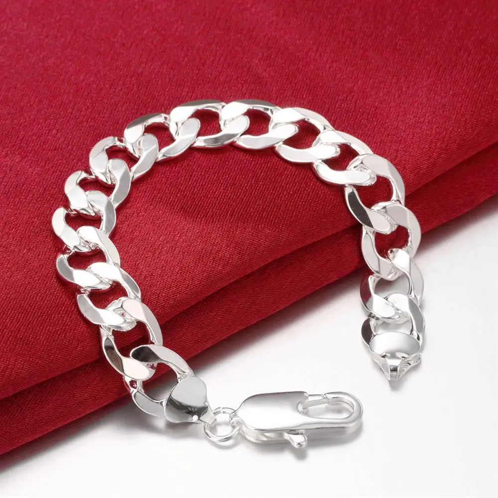 Charm Fine 925 sterling Silver Bracelets necklace Jewelry set for men classic 12MM Chain 18/20/22/24/26/28/30 inch Fashion Party jewelry set silver jewelry silver jewelry set