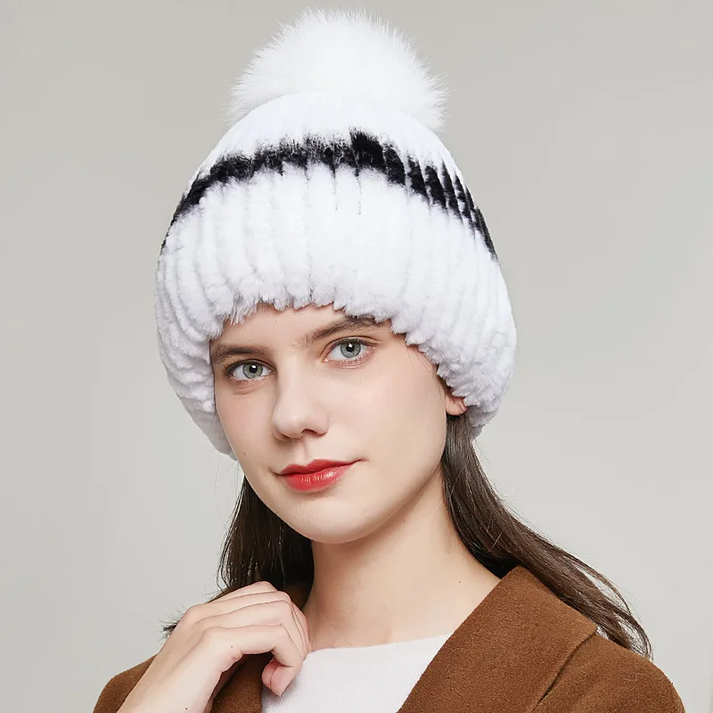 

DY-01 Popular Style Hat Female Autumn and Winter Rex Rabbit Fur Warm Ear Protection Fox Fur Fluffy Ball Cap Rabbit Fur Straw Hat
