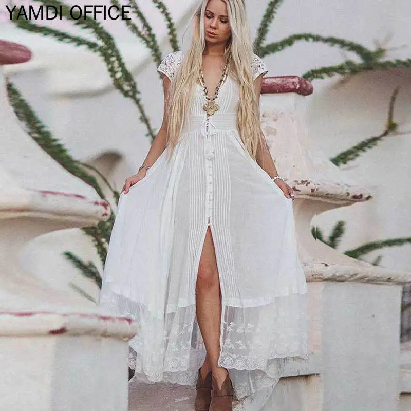 YAMDI вечерние Клубные платья coctail для женщин Лето Осень Винтаж Элегантный boho пляж Глубокий v образным вырезом сексуальное кружевное Сетчатое Макси платье