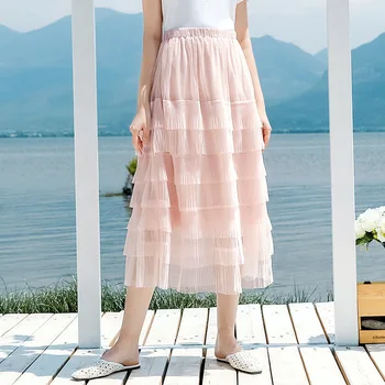 

Spring Summer Skirts Women Korea Long Tulle Skirt Sequined Pleated A Line Midi Skirt Chic High Waist Skirt Female