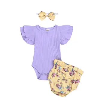 

0-24M Toddler Girl Clothes Infant Baby Girls Short Sleeve Solid Romper Bodysuit+Floral Shorts+Headband Set Roupas De Beby bebes