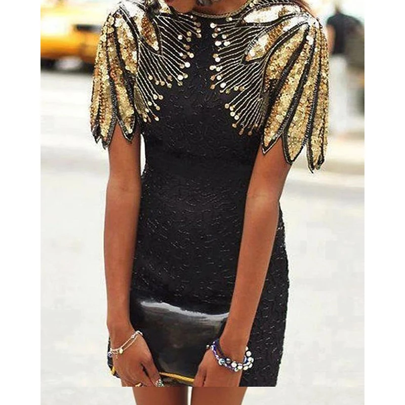 

Women Short Sleeve Sequins Bodycon Dress Slim Fit Elegant Party Dress Mock Neck Sequined Patchwork Summer Vestidos De Verano