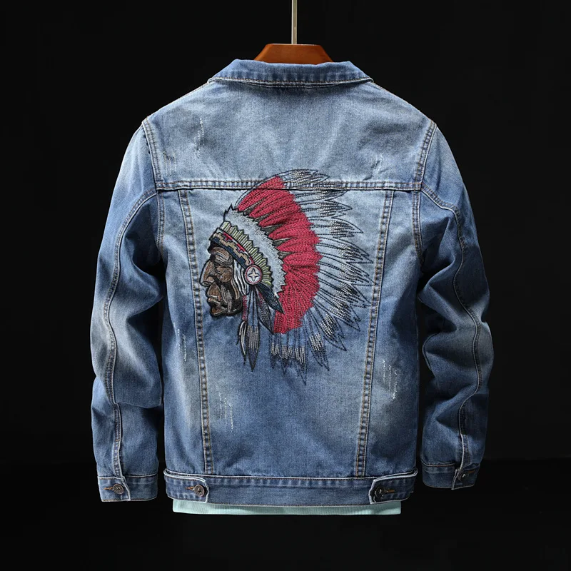 2020 Vintage Denim Jacket Embroidered Indian Slim Cowboy Jacket Light Blue  Dark Blue Long Sleeve Jeans Coat Large Size M-XXXL